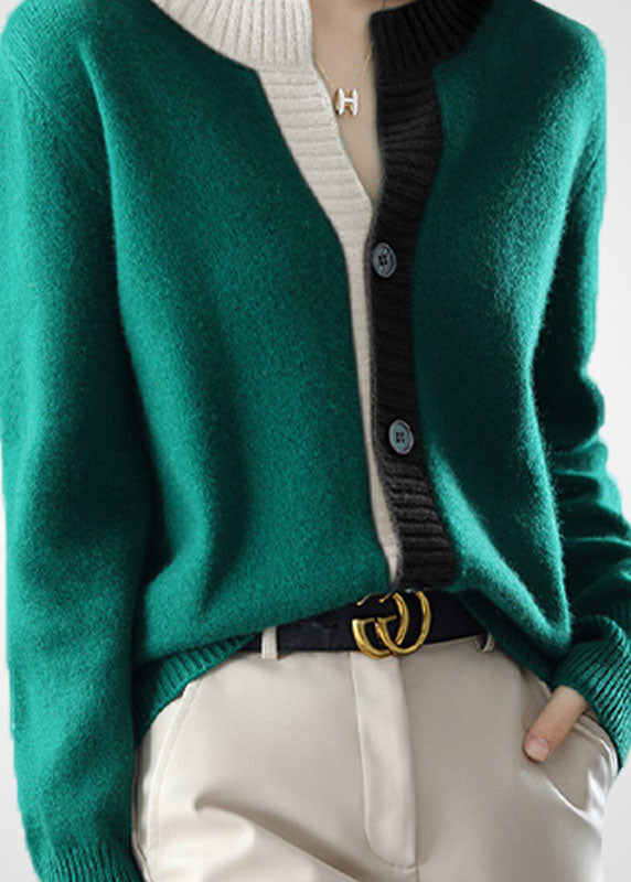 Original Design Green V Neck Patchwork Cozy Knit Cardigan Fall