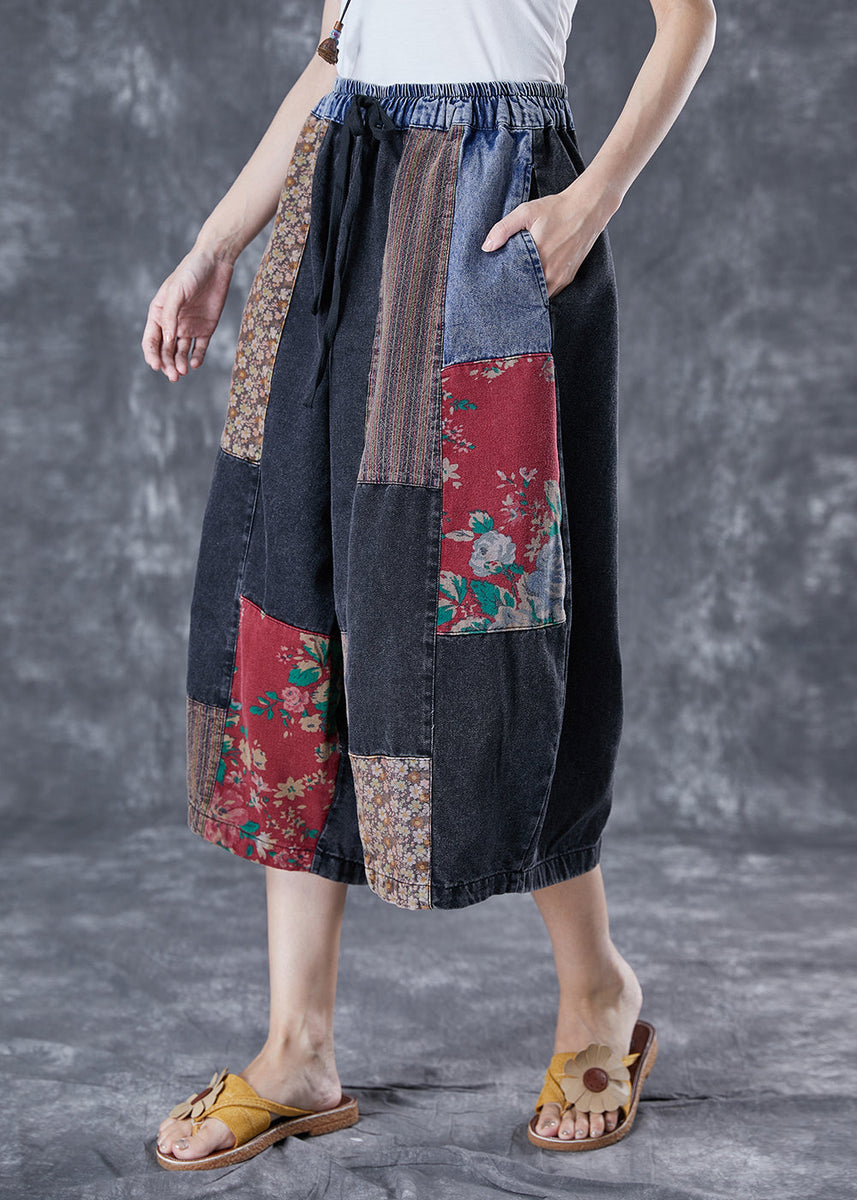 Women Summer Vintage Patchwork Denim Wide Leg Pants
