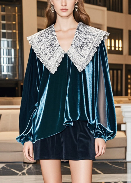 Elegant Peacock Green V Neck Lace Patchwork Silk Velvet Shirt Lantern Sleeve main image 0