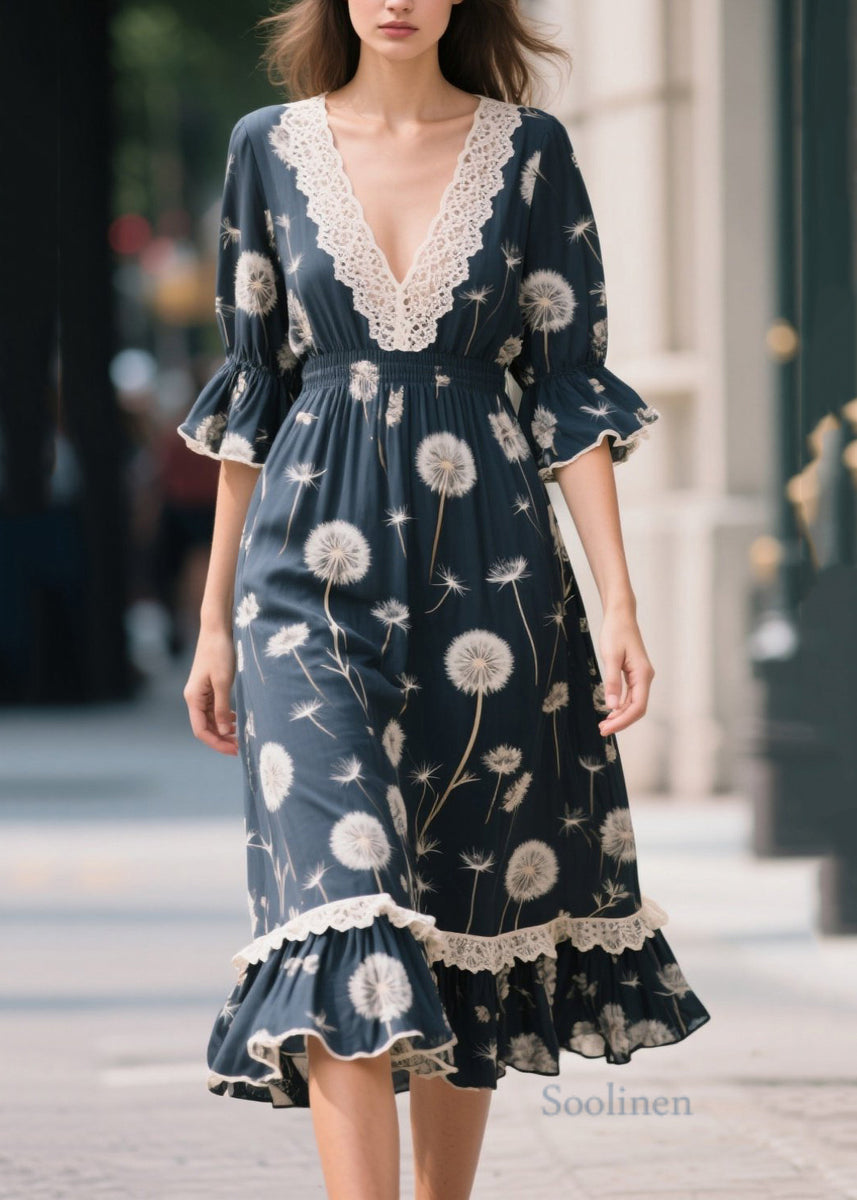 Boho Black V Neck Print Chiffon Long Dress Summer main image 0