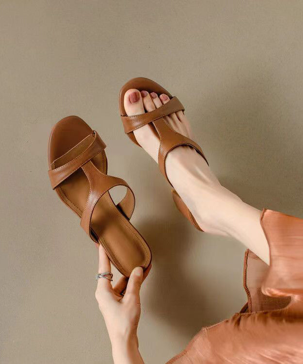 Casual Splicing Hollow Out Chunky Black Cowhide Leather Slide Sandals