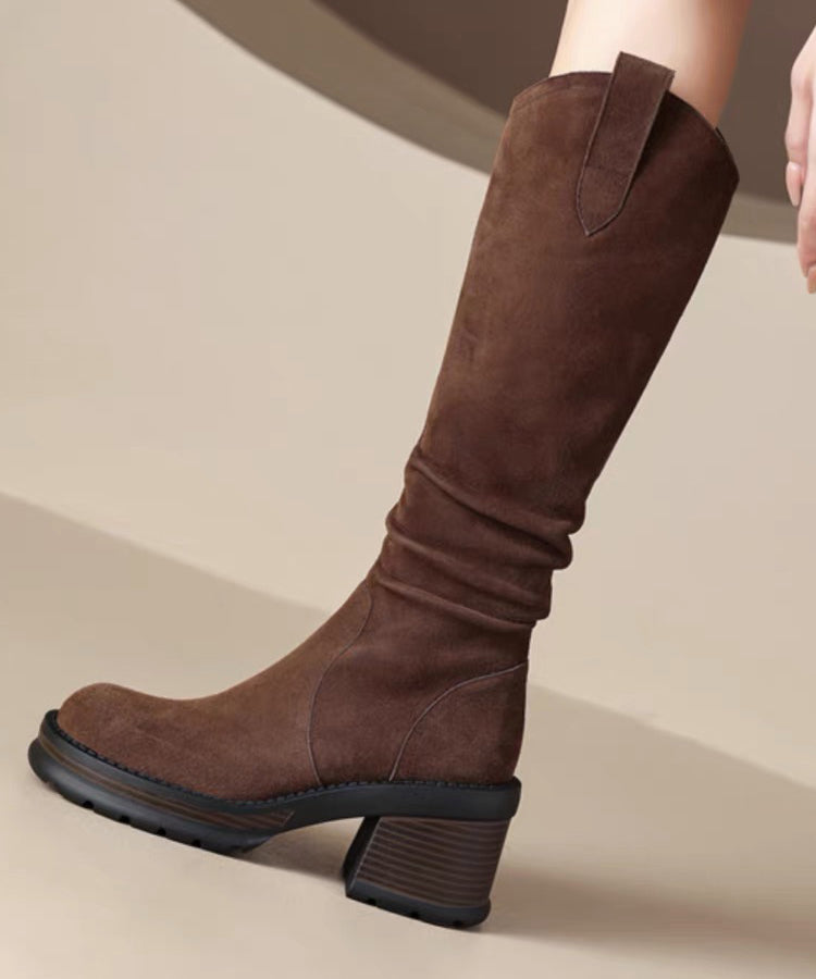 Black Splicing Suede Chunky Boots Fuzzy Wool Lined TP015
