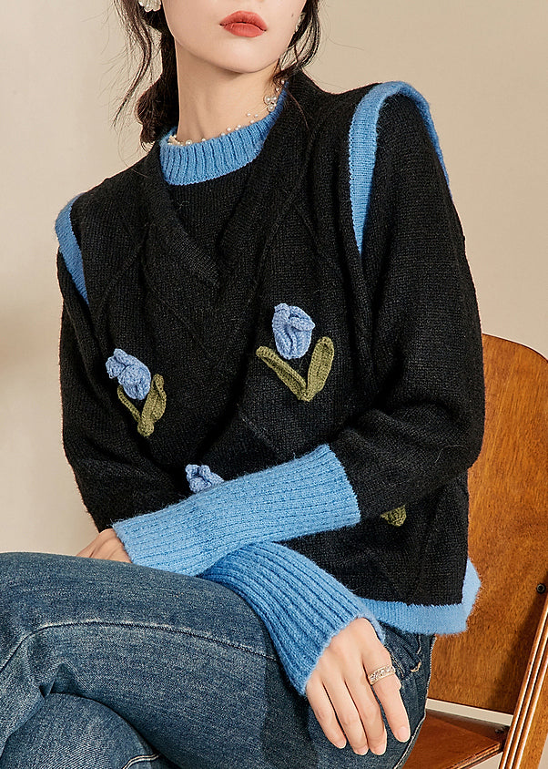 Loose Rose O Neck Patchwork Cotton Sweatshirts Fall WM027 main image 1