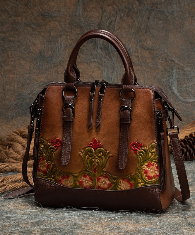 Elegant Patchwork Calf Leather Tote Bag Coffee Brown With Zipper And Inner Pockets main image 0