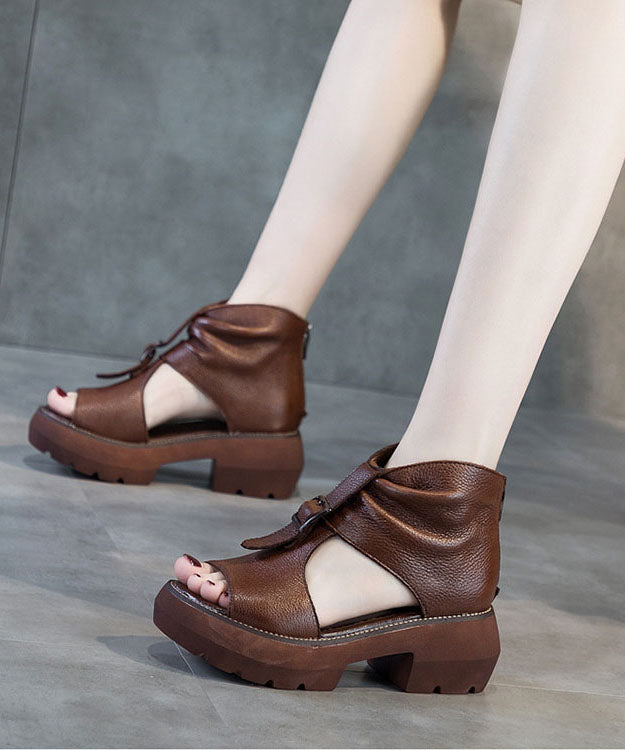 Beige Hollow Out Chunky Cowhide Leather Boutique Slide Sandals