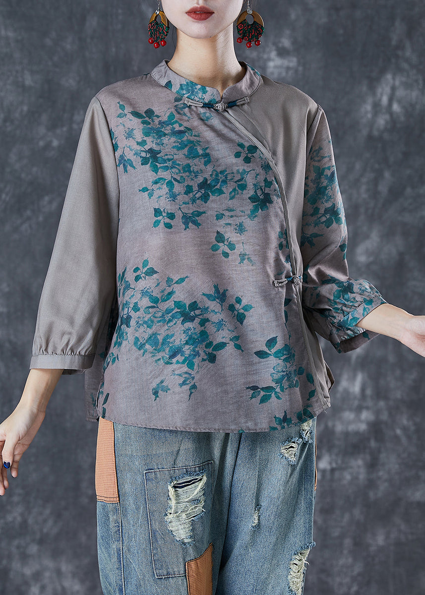 Retro Grey Embroidered Chinese Button Linen Top Summer main image 1