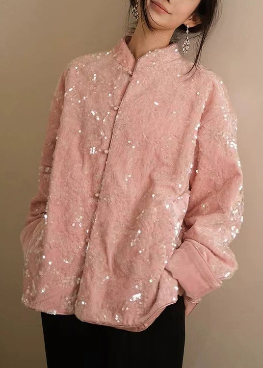 Elegant Pink O Neck Button Pockets Silk Coat Fall main image 0