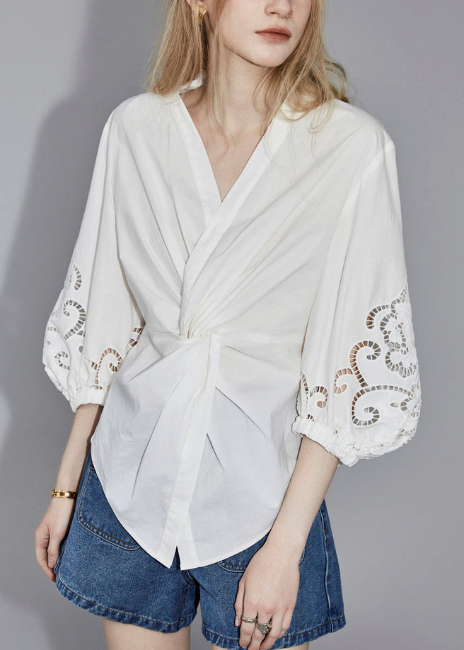 Women White V Neck Hollow Long Sleeve Shirt main image 0