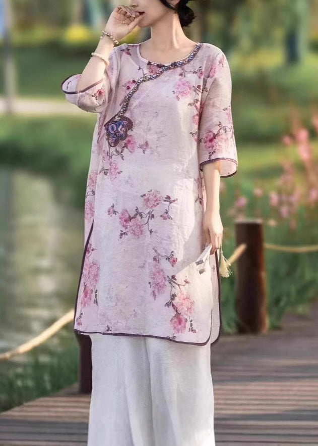Fashion Blue Print Oriental side open Long Summer Linen Dress