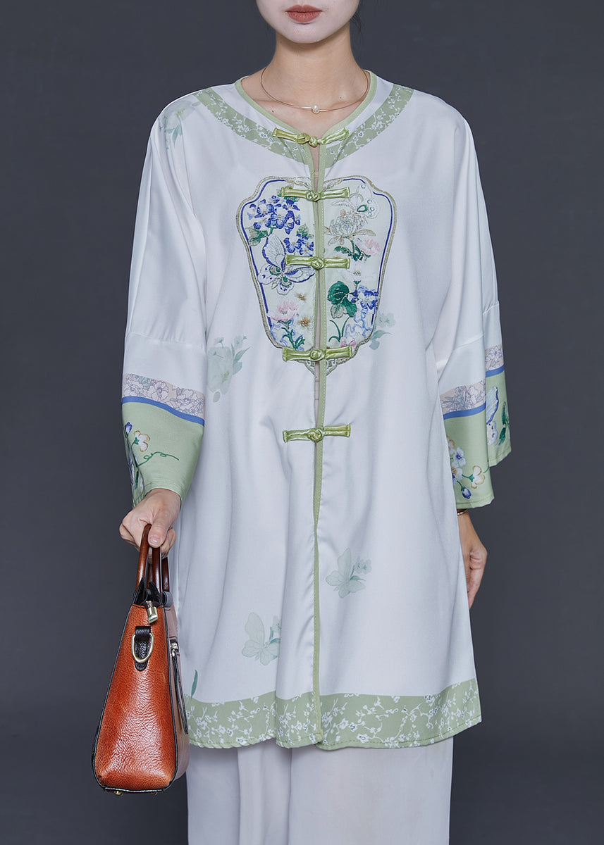 Chinese Style White Print Button Silk Coat Long Sleeve main image 1