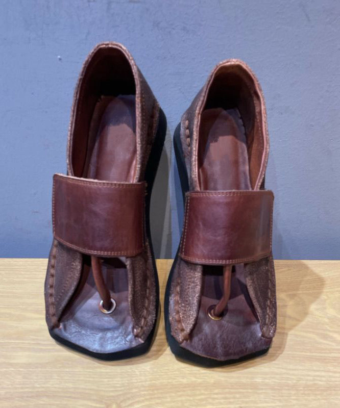 Chocolate Wedge Flip Flops Cowhide Leather Unique Splicing â SooLinen