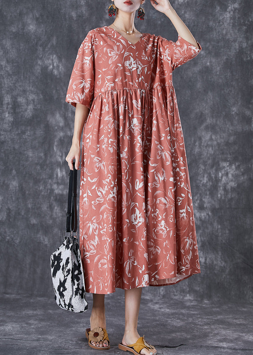 DIY red print linen cotton Soft Surroundings o neck pockets loose summer Dresses