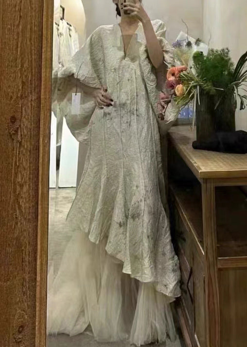 Beautiful Grey Asymmetrical Tulle Patchwork Long Dresses Fall
