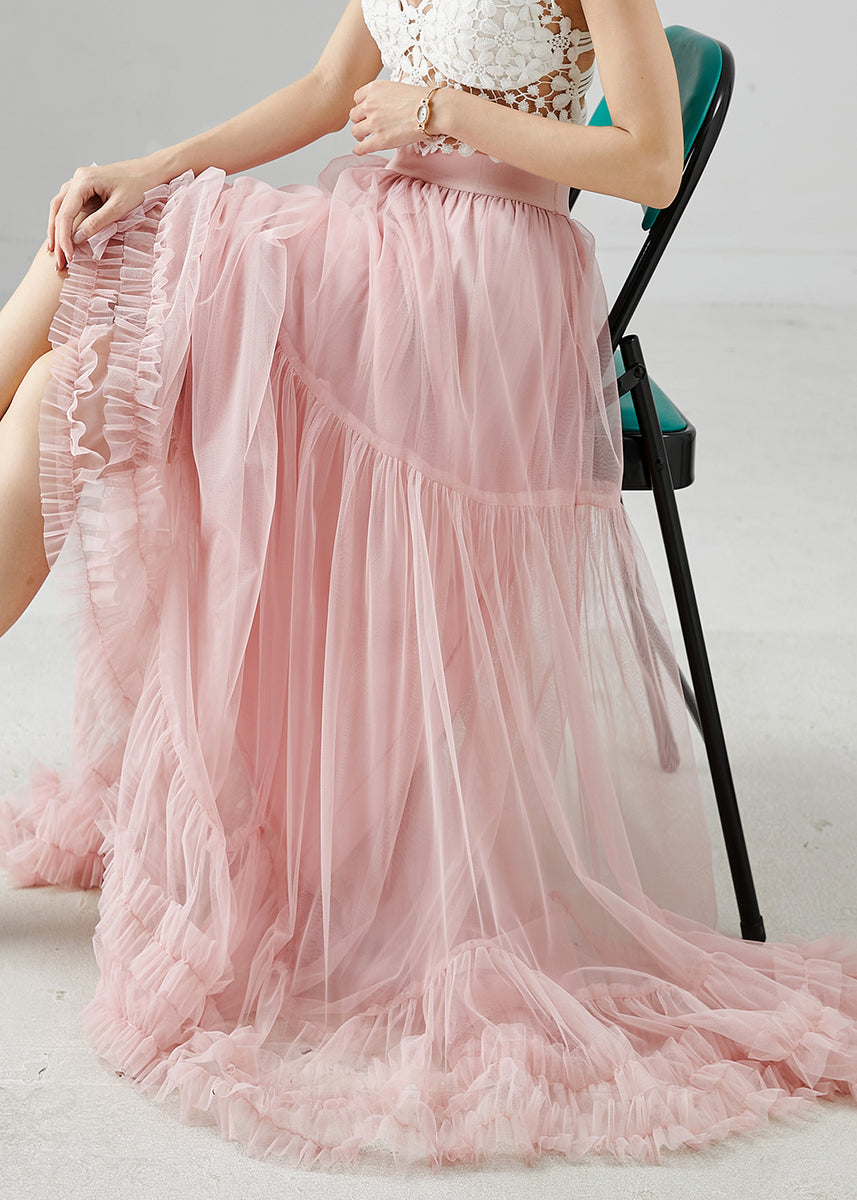 Art Pink Tulle Long Ruffle Skirt With Asymmetrical Print For Women Elegant Wardrobe