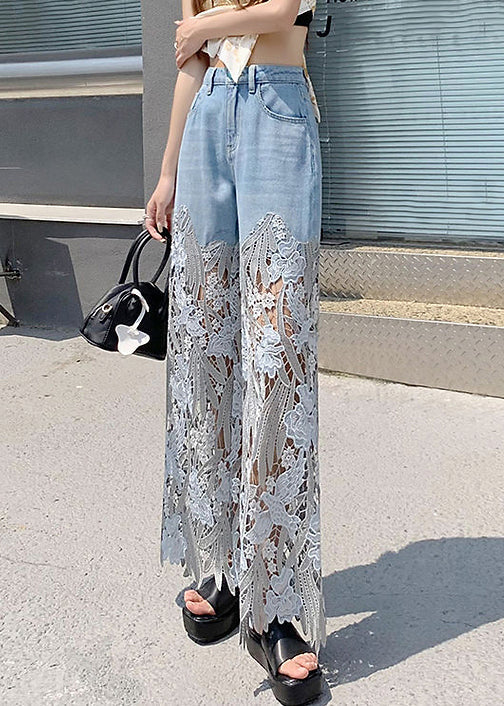 Women's Blue Hollow Out Patchwork Lace Denim Straight Leg Pants for Autumn Fashion