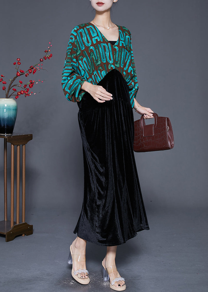 Green Cinched Silk Patchwork Linen Two Pieces Set V Neck Bracelet Sleeve main image 1