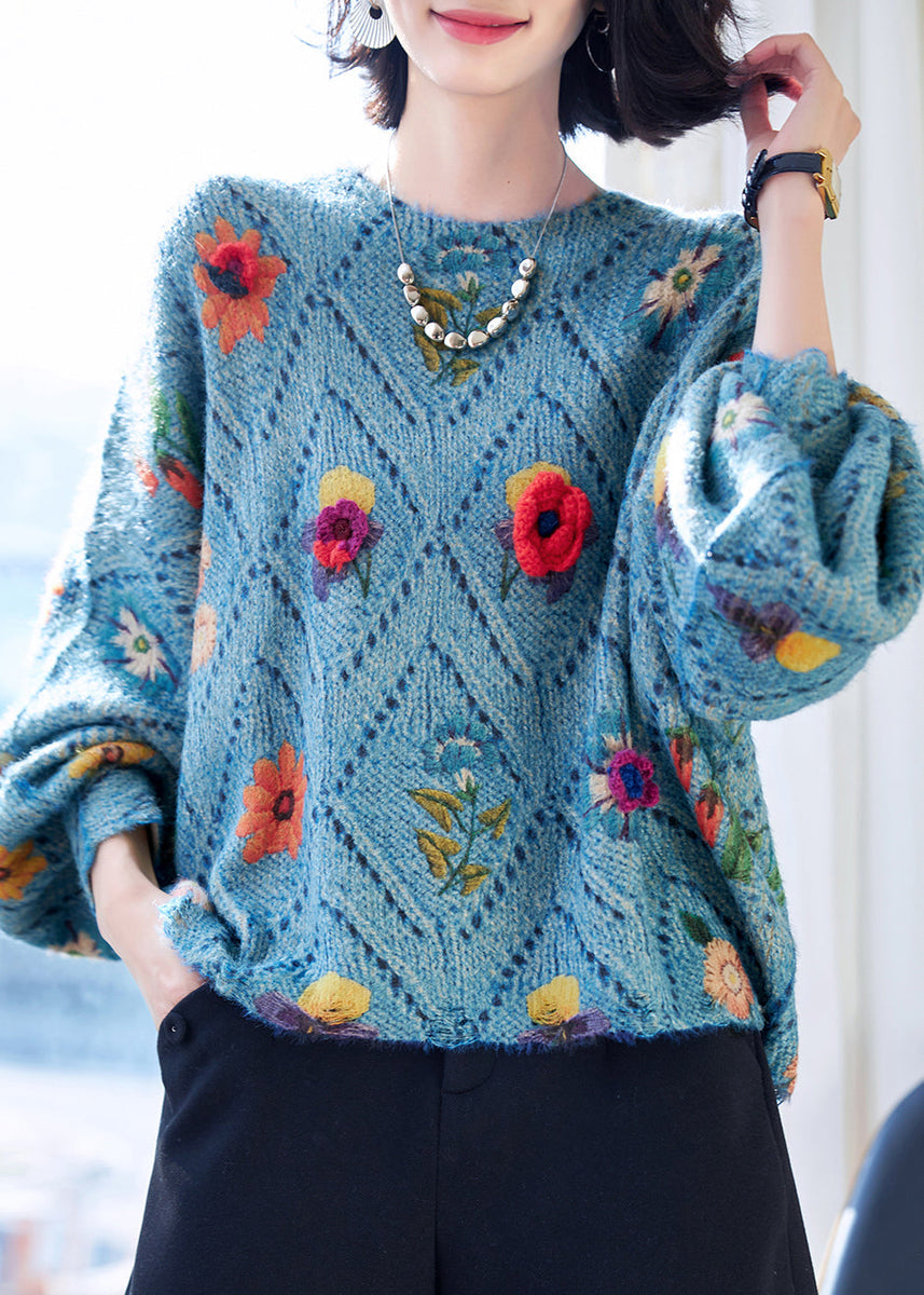 Cute Blue O-Neck Floral Thick Cotton Knit Sweater Fall main image 0