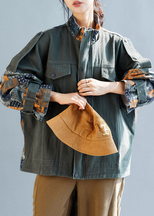 French Army Green Hooded Print Silk Two Pieces Set Spring main image 0