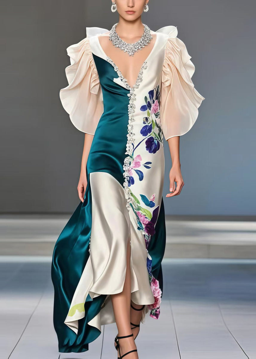 Beautiful Peacock Green Asymmetrical Patchwork Tulle Silk Cami Dress Summer main image 1