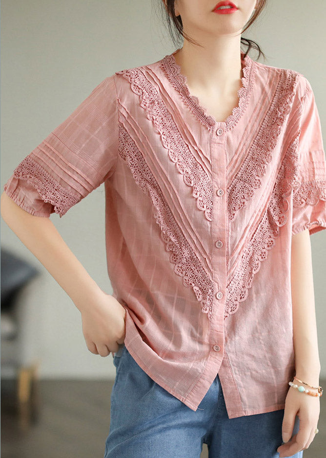 New Rose V Neck Button Patchwork Cotton Shirt Fall main image 1