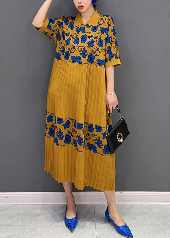 Yellow Floral Patchwork Long Cotton Dresses Peter Pan Collar Summer