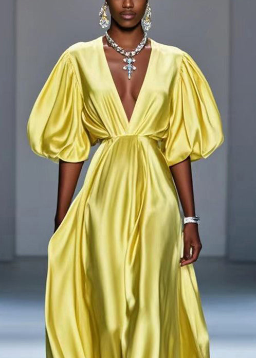 French Yellow V Neck Patchwork Print Silk Long Dress Summer main image 0