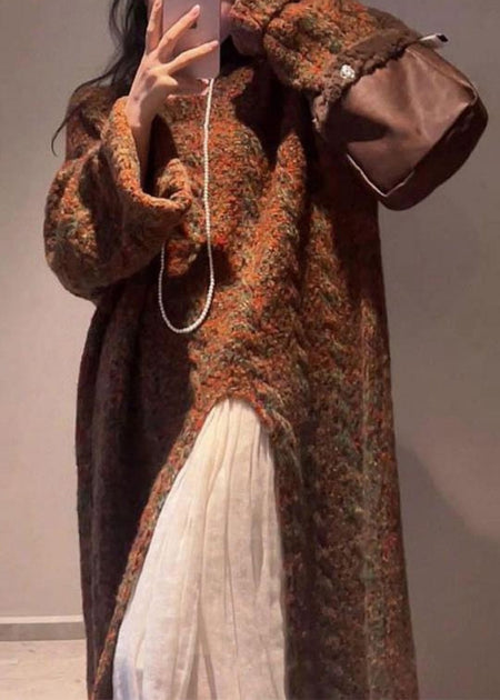 Handmade Coffee O-Neck Asymmetrical Cotton Knit Long Sweaters Winter WV024 main image 0