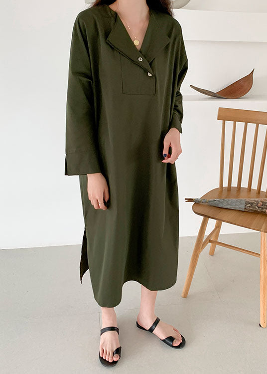 French Army Green Asymmetrical Patchwork Cotton Dress Spring main image 0