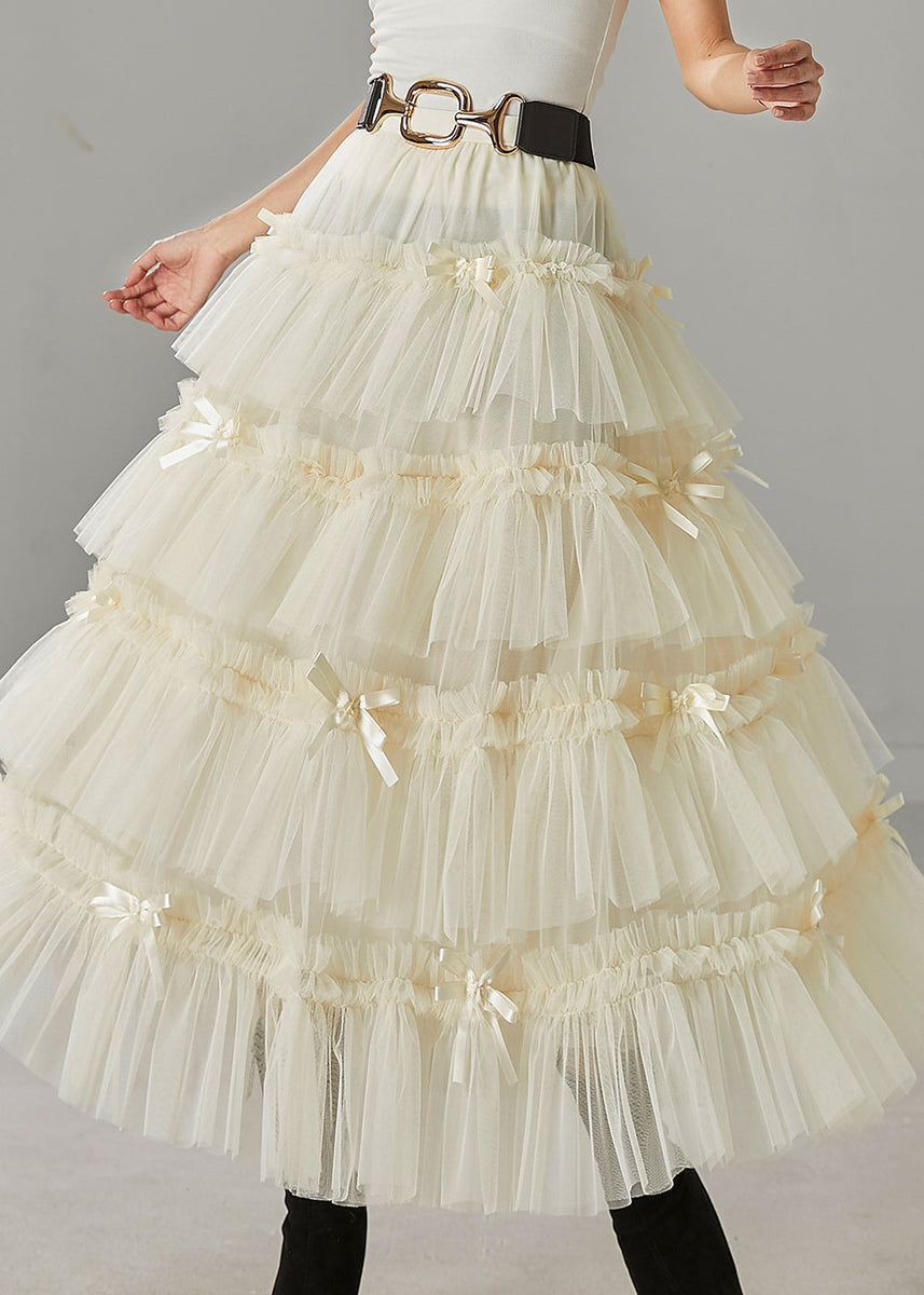 Cute Apricot Elastic Waist Bow Tulle A Line Skirts Spring