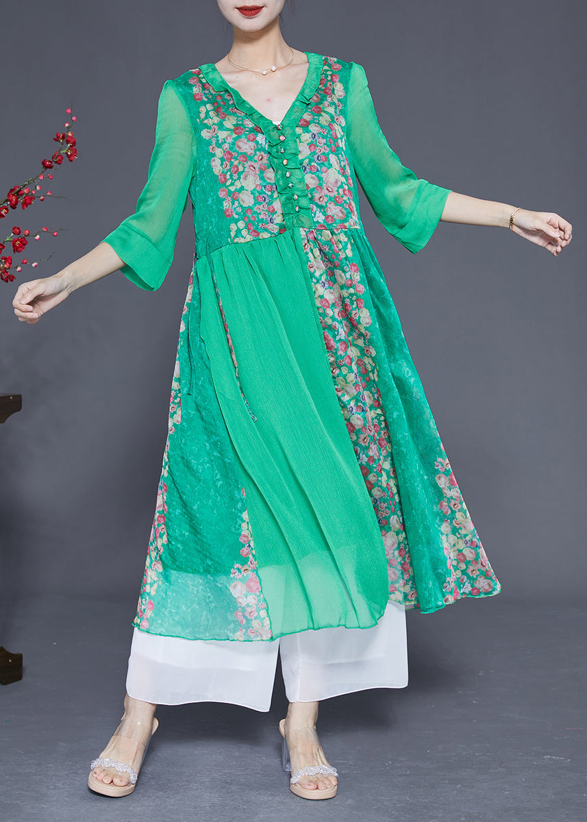 Cap Sleeves V-neck Chiffon Dress with Slit Dark Green main image 1