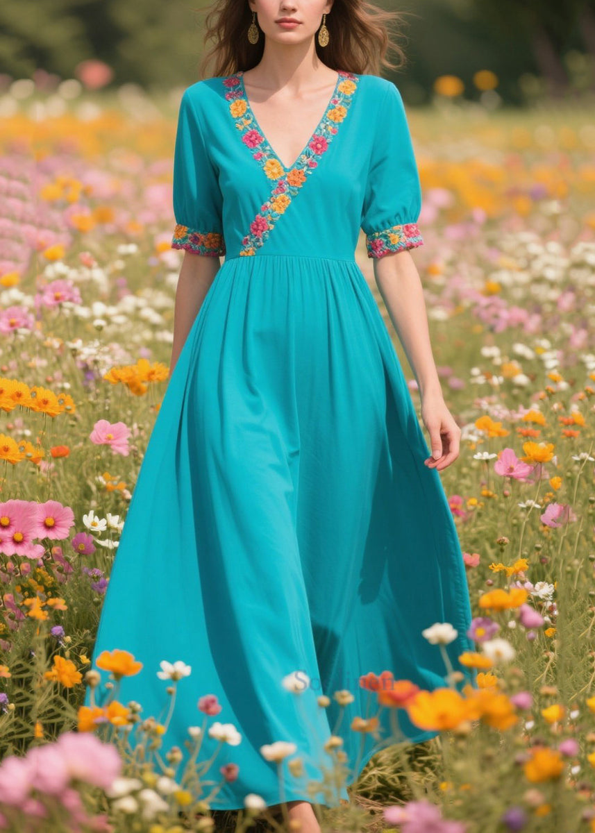 Loose Blue V Neck Wrinkled Solid Cotton Dresses Summer