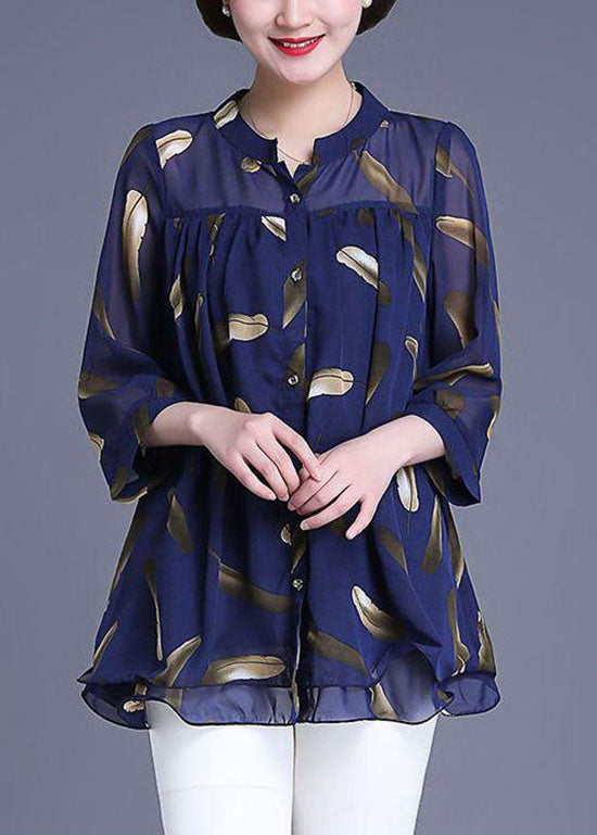 Stylish Blue Plaid V Neck Wrinkled Patchwork Chiffon Tops Long Sleeve main image 0