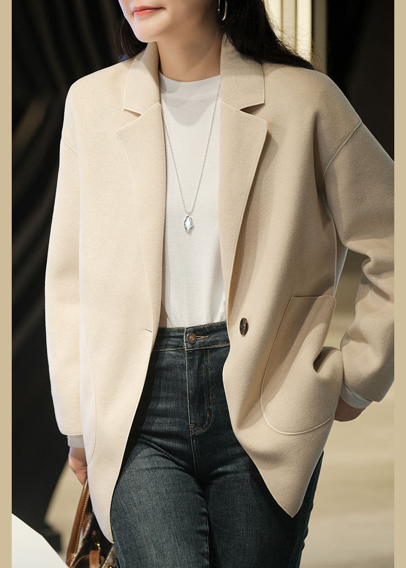 Simple Beige Peter Pan Collar Button Woolen Coats Winter  SooLinen