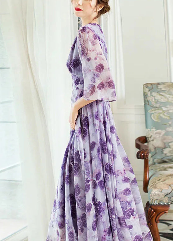 Chic Purple V Neck Print Chiffon Long Dresses Lantern Sleeve main image 1