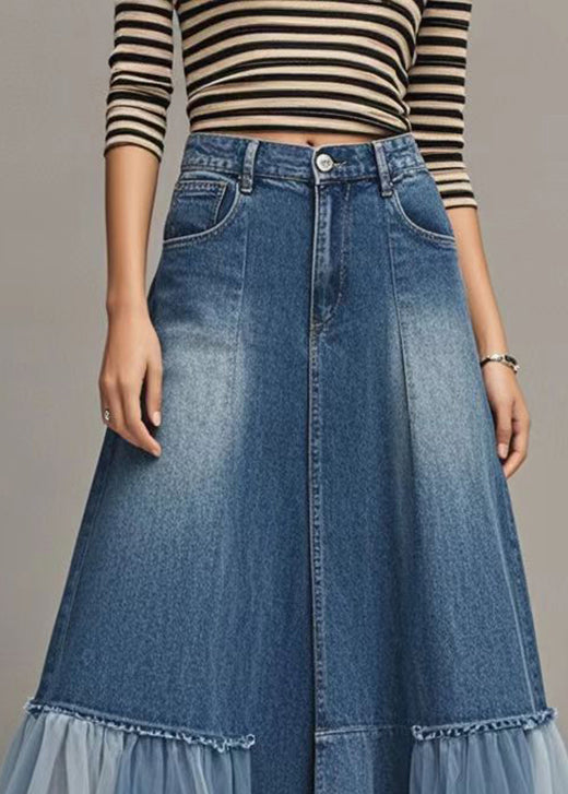 High Waist A-Line Long Skirt With Belt - Denim Blue main image 1