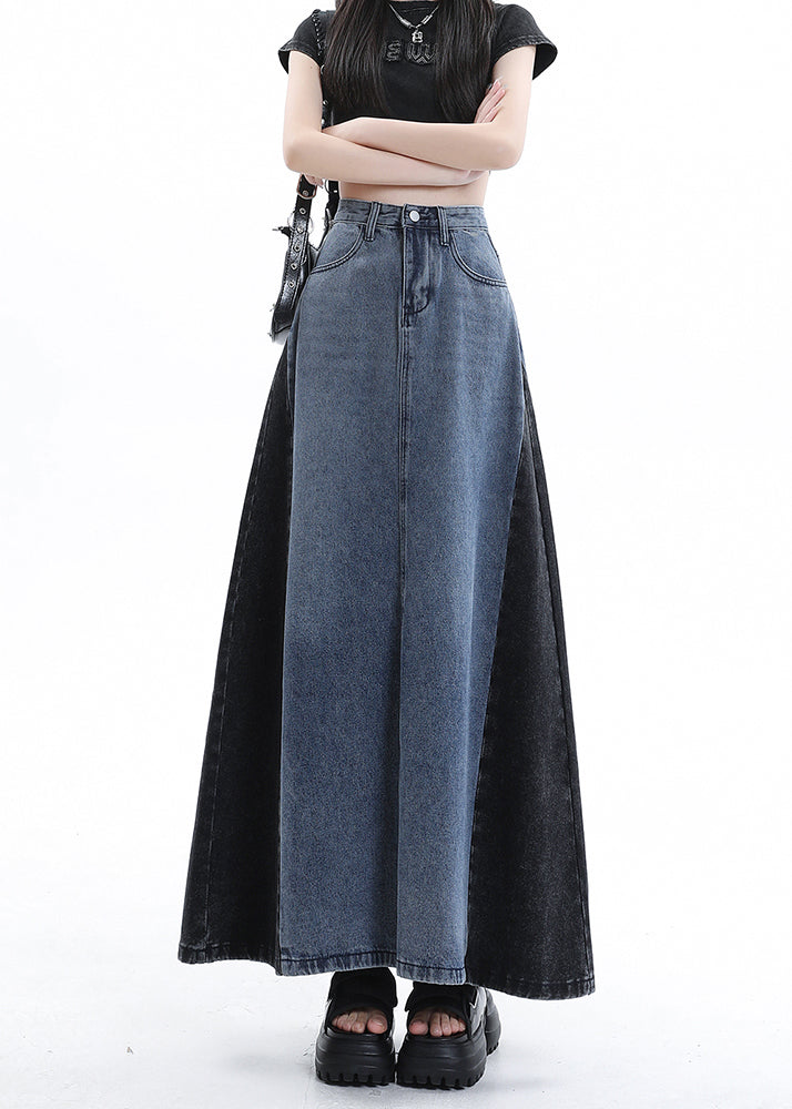 Natural Blue Sashes Patchwork High Waist Denim Maxi Skirts main image 1