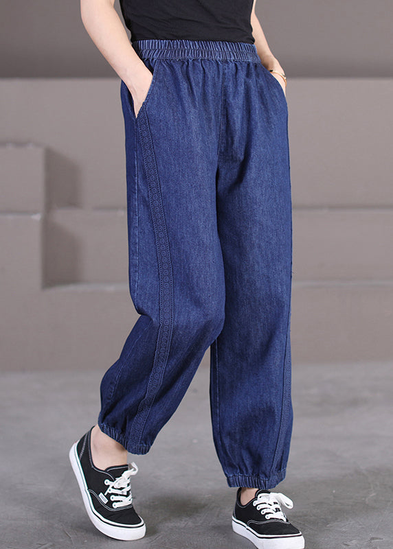 Casual Blue Pockets Lace Up Cotton Pants Summer main image 0