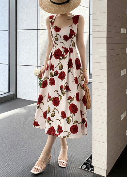 Art Beige Embroidered High Waist Cotton Spaghetti Strap Dress Sleeveless