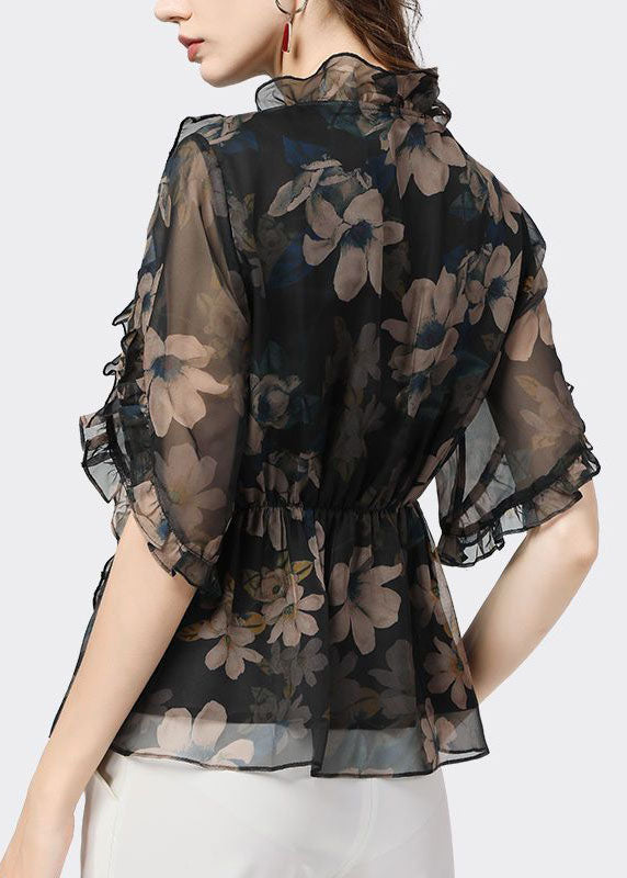 Art Black Ruffled Patchwork Silk Velour Blouse Tops Spring main image 1