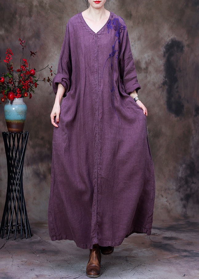 Loose Purple O Neck Wrinkled Linen Long Dress Long Sleeve MN083