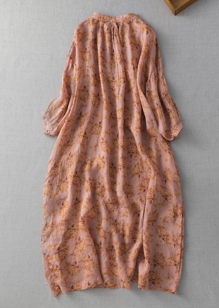 Vintage Orange V Neck Embroidery Linen Dress Long Sleeve