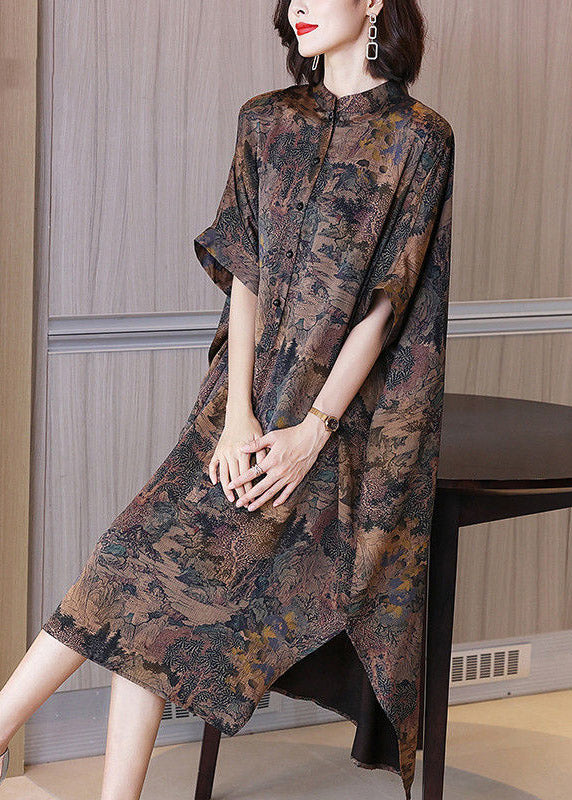 Short-Sleeve Stand Collar Print Maxi A-Line Dress main image 1