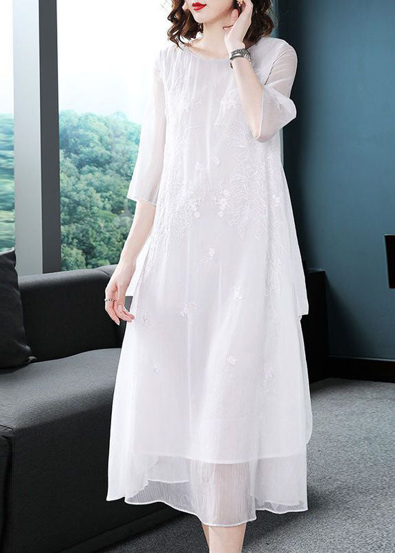 White Chiffon Long Dress 2026.White Chiffon Long Dress Embroideried Asymmetrical Design Summer - SooLinen