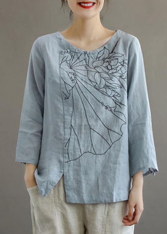 Handmade Pink O-Neck Print Embroidered Button Top Half Sleeve main image 0