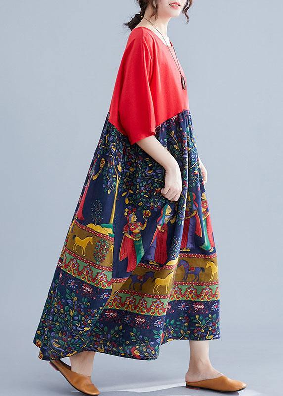 Unique red print quilting clothes o neck patchwork A Line Dress main image 0