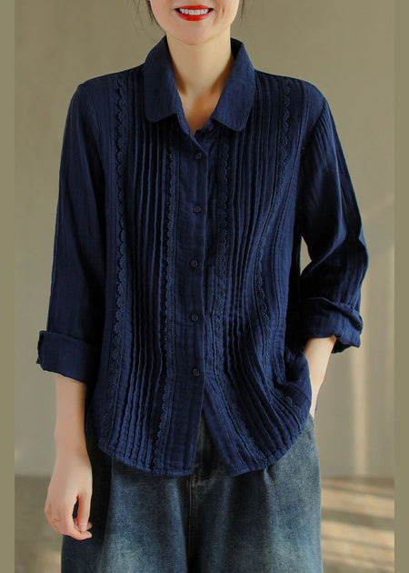 French Tibetan blue button Peter Pan Collar lace Patchwork Cotton Shirt Tops Spring main image 0
