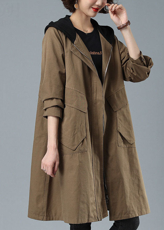 Hooded Loose Coat Women Retro Khaki Casual Cotton Artistic Stitching Women