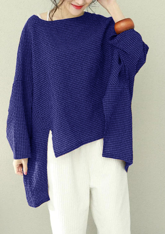 Bohemian asymmetric cotton women Fine Work green Plaid oversized tops