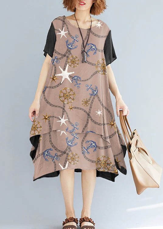 Vivid black flowers and birds linen-cotton tunics for women plus size Fabrics o neck asymmetric oversized Summer Dress