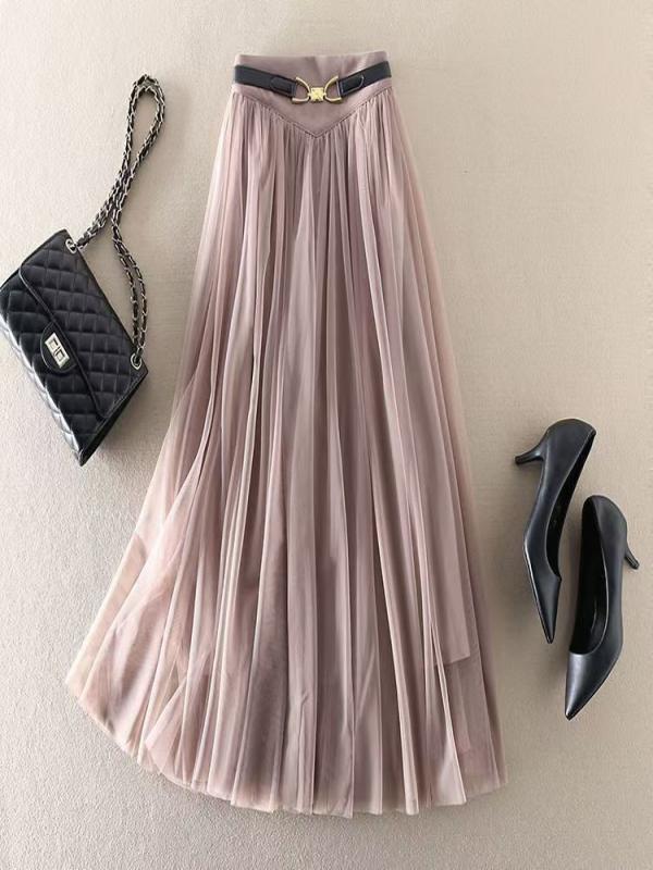 Khaki High Waist Exra Large Hem Tulle Skirts Wrinkled Spring